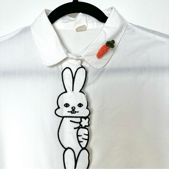 Kitschy Embroidered Rabbit with Crochet Carrot Dopamine Dressing Kawaii Blouse - Picture 3 of 9